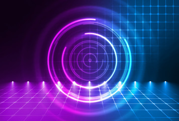 Dark abstract futuristic background. The geometric shape of the cyber circle in the middle of the scene. Neon blue-pink rays of light on a dark background