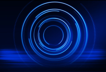 Dark abstract futuristic background. The geometric shape of the cyber circle in the middle of the scene. Neon colored rays of light on a dark background.