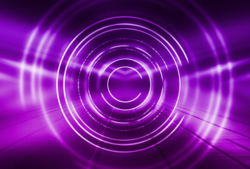 Dark abstract futuristic background. The geometric shape of the cyber circle in the middle of the scene. Neon colored rays of light on a dark background.