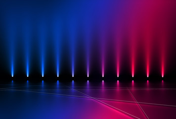 Background empty show scene. Ultraviolet dark abstract background. Geometric neon shapes, neon...