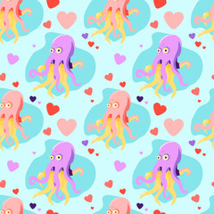 seamless pattern with pink and lilac cartoon octopus in love and hearts on a light blue background