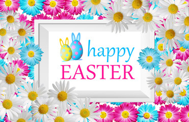 Happy Easter greeting card with frame, gerbera flowers and eggs