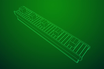 Conveyor belt section with pack boxes. Factory production equipment. Wireframe low poly mesh vector illustration