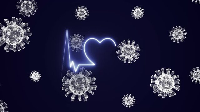 Virus (Coronavirus Covid-19) and heartbeat cardio ekg pule - 3d animation 4K