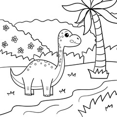 Coloring page for children. Cute cartoon kawaii Brachiosaurus. Vector dinosaur. Outline illustration. © Kristina