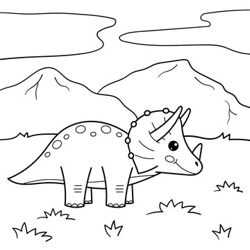 Cartoon dinosaur Triceratops. Kawaii vector character. Coloring page or book for children.