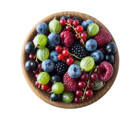 Top view. Fruits and berries in bowl on white background. Mixed fruits with copy space for text. Mixed berries isolated on a white background. Various fresh summer.Fruits and berries isolated on white