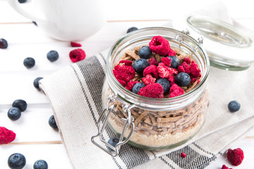 healthy breakfast with text space top view