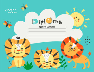 Diploma template with lions for kids