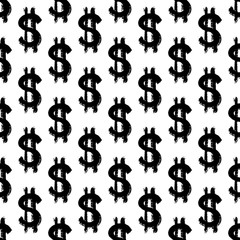 Dollar signs seamless pattern of brush strokes. Vector monochrome grunge texture from symbol of American money.