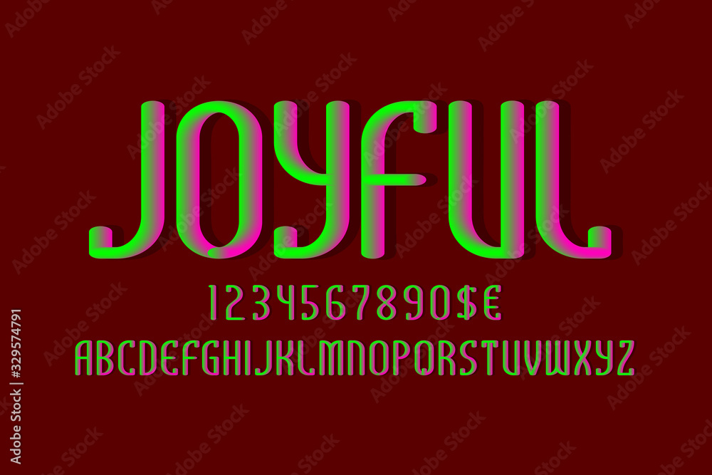 Fototapete joyful alphabet with numbers and currency signs. 3d luminescent font.