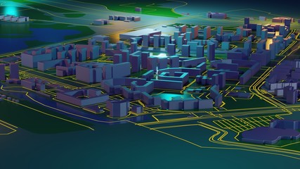 Fototapeta na wymiar Downtown city. City with glow lines road and digital elements. 3D Rendering.