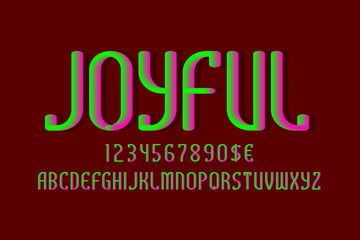 Joyful alphabet with numbers and currency signs. 3d luminescent font.