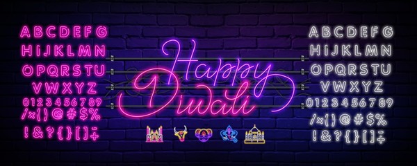 Happy Diwali, a banner in a bright neon style with a set of icons. Vector illustration of a neon banner with lights, Diwali festival of lights. Indian festival of lights , flames and fireworks.