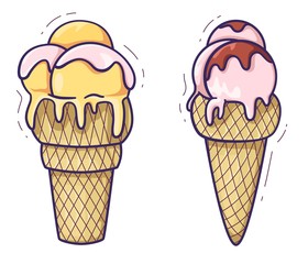 Set of vector ice cream cones. Cute doodle illustration