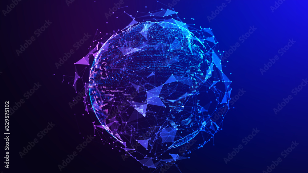 Wall mural global network connection. concept background with planet earth. internet and technology. blue backg