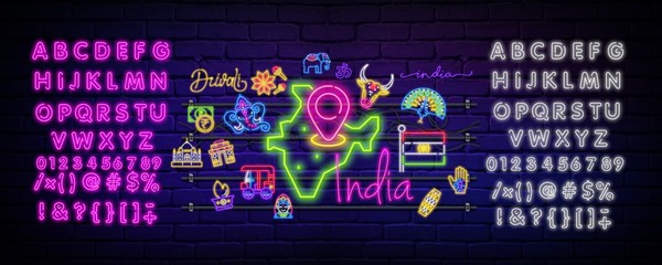 Country India neon icons in the collection set for design.India and landmark vector symbol stock web illustration.Neon vector banner with text on a dark background.