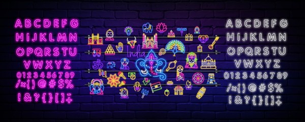 Set of neon icons on the theme of India.Vector illustration in neon style for your design