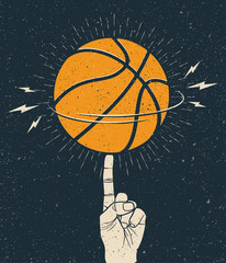 Rotation du ballon de basket orange sur un doigt. Modèle d& 39 illustration sur le thème du basket-ball pour affiche, flyer ou autocollant. Illustration vectorielle de style vintage.