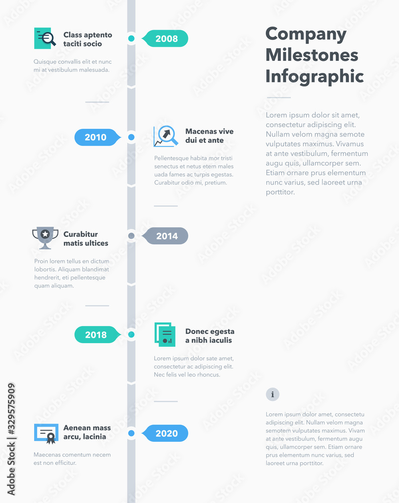 Aufkleber modern business infographic for company milestones timeline template with flat icons. easy to use fo