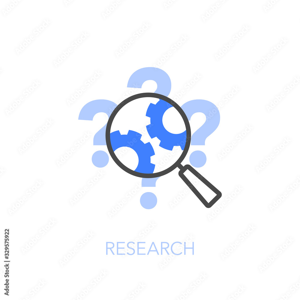 Poster Research symbol with a magnifier, gears and question marks. Easy to use for your website or presentation.