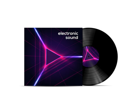 Electronic Sound Vinyl Disk Record Mockup Isolated On White Background Vector Illustration For Flyer Or Poster Or Playlist Cover. Electronic Music Concept Illustration.