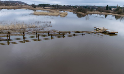 landscape with flooded river in spring