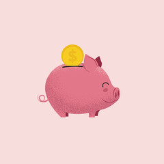 Piggy bank. Pig money box with coin isolated on pink background. Money saving or donation concept. Vector illustration.