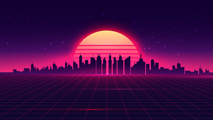 Retro futuristic synthwave retrowave styled night cityscape with sunset on background. Cover or banner template for retro wave music. Vector illustration. - obrazy, fototapety, plakaty