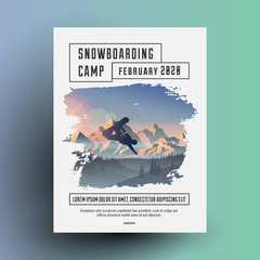 Snowboarding camp flyer or poster design template with snowboard rider dark silhouette on mountains landscape background. Vector illustration.