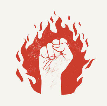 Raised up fist on red fire flame silhouette. Protest demonstration or power concept. Vector illustration isolated on white background.