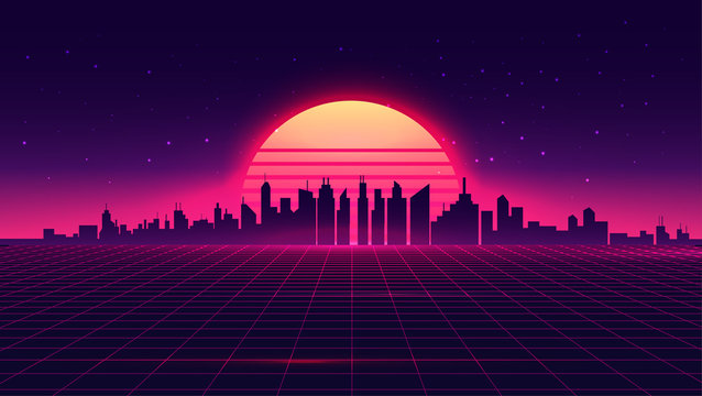 Retro futuristic synthwave retrowave styled night cityscape with sunset on background. Cover or banner template for retro wave music. Vector illustration.