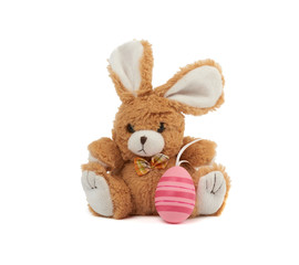 cute brown bunny and pink colored eggs on a white background