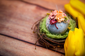 On a brown wooden background, easter eggs lie in a basket with yellow tulips.