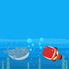 Happy cartoon underwater scene with swimming coral reef fishes illustration