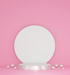 3d rendering scene with composition empty silver cylinder podium for cosmetic product presentation & abstract background. Mockup Geometric shape in pink pastel colors. Minimal design empty space.