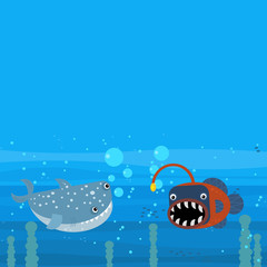 Happy cartoon underwater scene with swimming coral reef fishes illustration