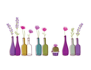Set of hand drawn bottles with spring flowers and small cactus.  Elements for flower shop. Vector illustration.