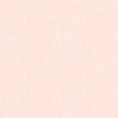 White contours of rose flowers on softness pink background. Ornate nature floral vector seamless pattern. Softness template for design, textile, wallpaper, carton, banner, web site background.