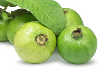 Guava fruit with leaf isolated on white background