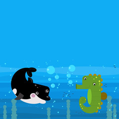 Happy cartoon underwater scene with swimming coral reef fishes illustration