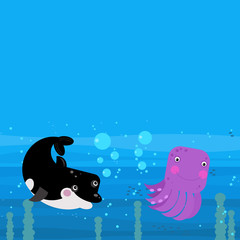 Happy cartoon underwater scene with swimming coral reef fishes illustration