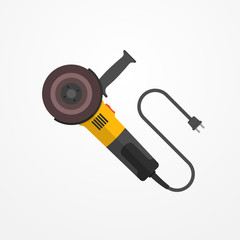 Typical electric angle grinder with wire and abrasive disc. Modern isolated cutting tool in flat style. Professional power tool vector stock image. - 329578519