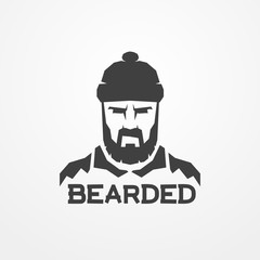 Face of a bearded lumberjack in hat. Head of a worker man in flat silhouette style. Shop logotype, badge or design element. Lumberjack vector stock image.