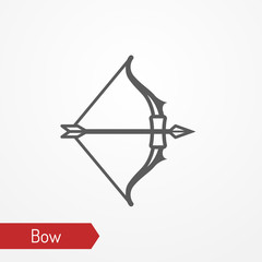 Abstract wooden bow with arrow. Isolated icon in silhouette style. Typical medieval ranged weapon. Vector stock image.