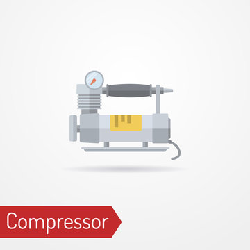 Typical electric air compressor with pressure gauge. Modern isolated car tool in flat style. Power tool for inflating tyres. Vector stock image.