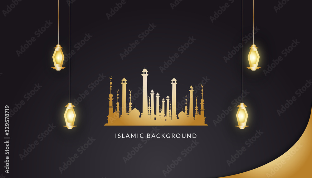 Wall mural islamic background with golden lanterns and magnificent mosque