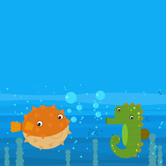 Happy cartoon undersea scene with swimming coral reef fishes illustration