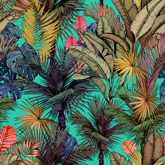 Colorful tropical pattern with palm trees and exotic bromeliad flowers.
