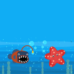 Happy cartoon undersea scene with swimming coral reef fishes illustration
